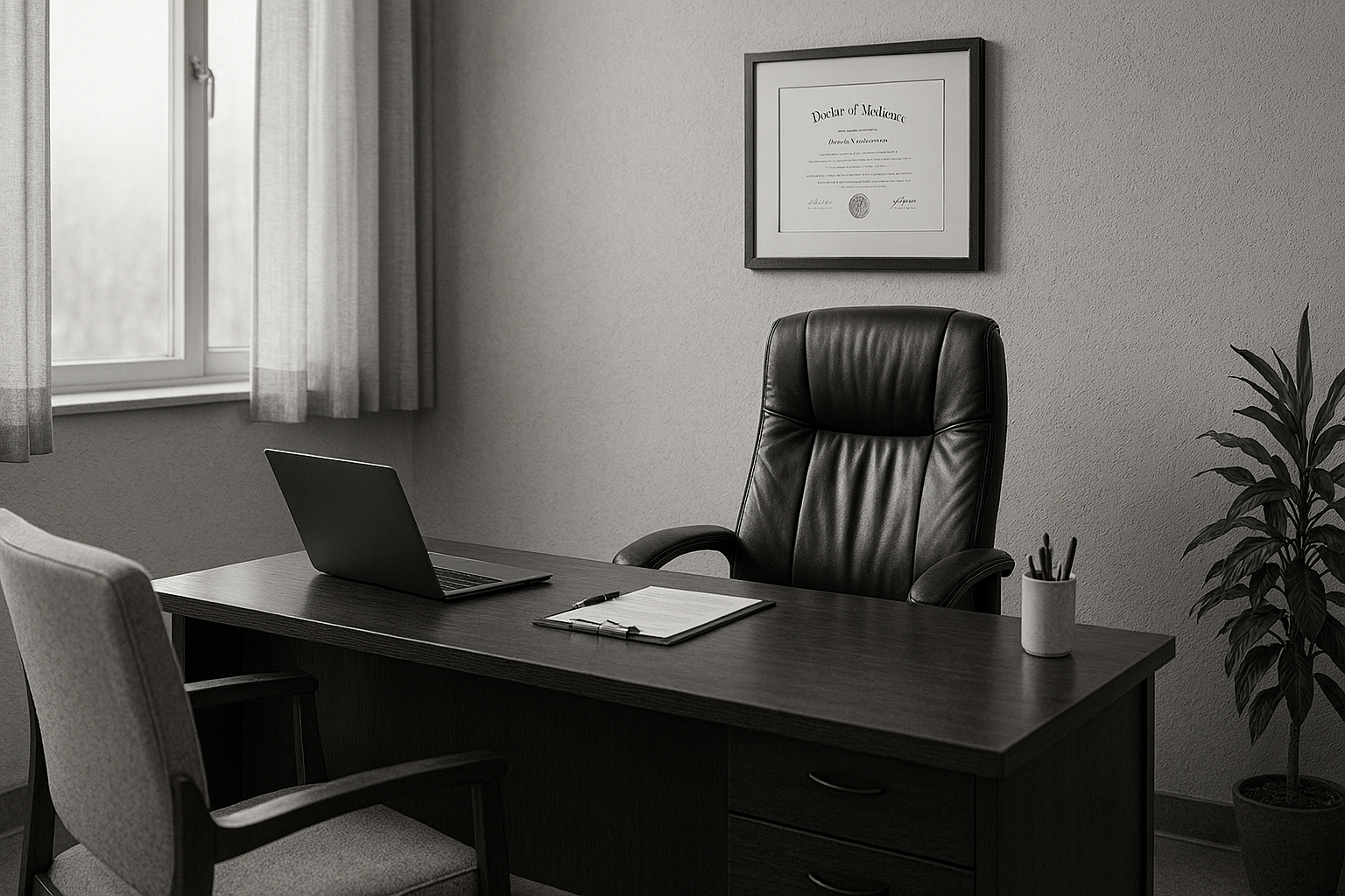 Generated: Doctor's office with degree prominent on the wall